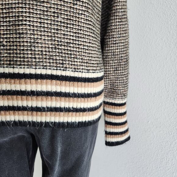 Vintage 90s Y2K Tan Black Knit Crew Neck Sweater Minimalist Fall Pullover L - Picture 3 of 10